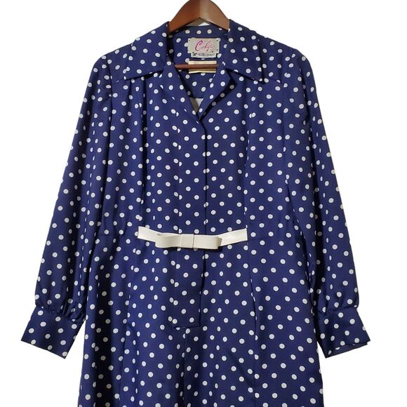 Vintage Lillie Rubin Carlye Size 12 Blue Polka Dot Midi Dress Long Sleeve Womens - Picture 2 of 14